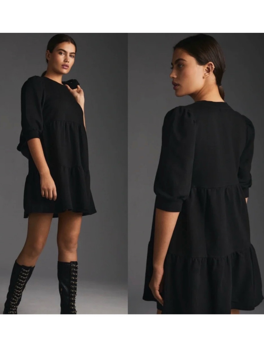 Anthropologie T.La Savannah Knit Puff-Sleeved Mini Dress Babydoll Womens M